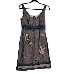 Adrianna Papell Floral Embroidered Mesh Sequin Cocktail Dress Black Nude Size 8